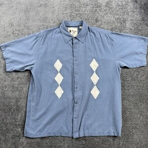 Vintage Silk Shirt Men's Size XL Blue W/ White Embroidery 100% Silk Short Sleeve